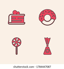 Set Candy, Piece of cake, Donut and Lollipop icon. Vector