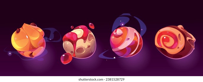 Set of candy planets isolated on background. Vector cartoon illustration of sweet ice cream, chocolate, caramel, lollipop, pastry balls decorated with jam and jelly. Fantasy candyland desing elements