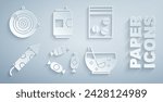 Set Candy, Plastic bag of drug, Firework rocket, Mixed punch in bowl, Beer can and Classic dart board arrow icon. Vector