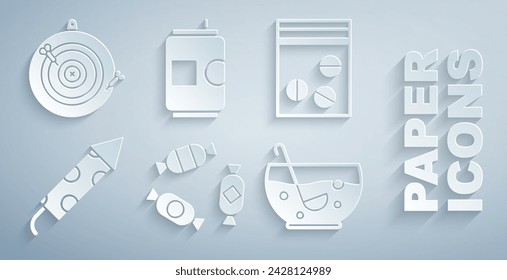 Set Candy, Plastic bag of drug, Firework rocket, Mixed punch in bowl, Beer can and Classic dart board arrow icon. Vector