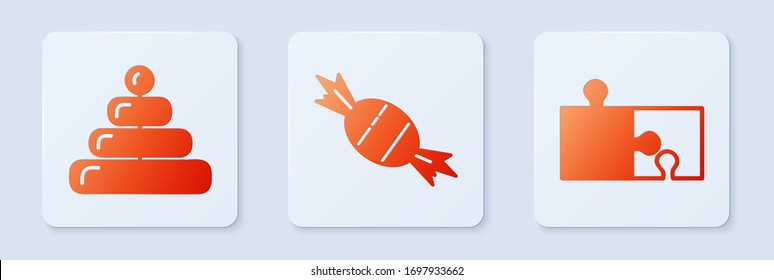 Set Candy, Pyramid toy and Piece of puzzle. White square button. Vector