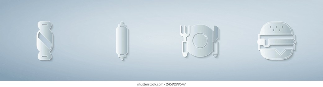 Set Candy, Rolling pin, Plate, fork knife and Burger. Paper art style. Vector