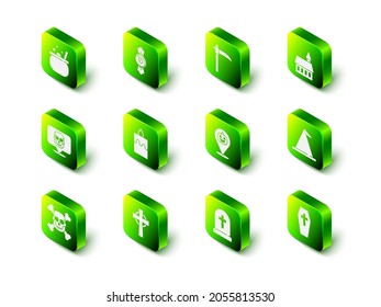 Set Candy, Scythe, Castle, Witch hat, Coffin with cross, Pumpkin, Tombstone and  icon. Vector