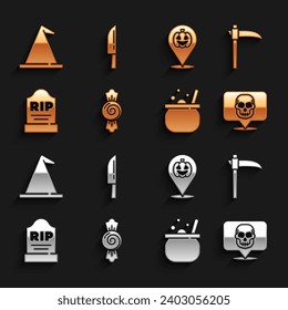 Set Candy, Scythe, Skull, Halloween witch cauldron, Tombstone with RIP written, Pumpkin, Witch hat and Knife icon. Vector