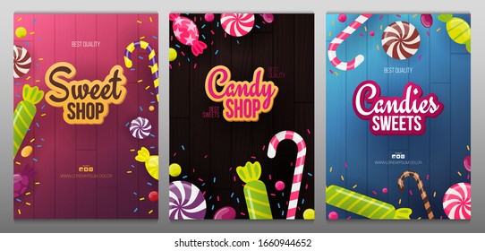 Set Of Candy Shop Banners With Sweets On The Wooden Background