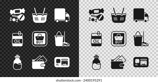Set Candy, Shopping basket, Delivery cargo truck, Spice can, Wallet with money, Identification badge, Bottle of olive oil and Buy button icon. Vector