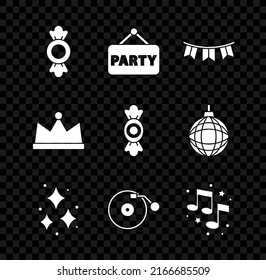Set Candy, Signboard party, Carnival garland with flags, Firework, Vinyl player disk, Music note, tone, Crown and  icon. Vector