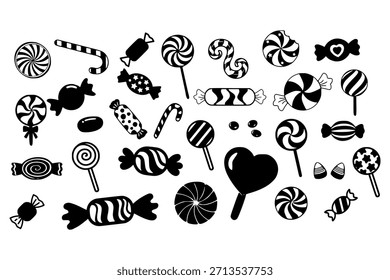 Conjunto de Vector Candy Silhouette. Un conjunto limpio de Ilustraciones vectoriales de silueta de caramelo con Formas negras simplificadas de dulces surtidos. Ideal para iconos, logotipos, patrones, envases, etiquetas