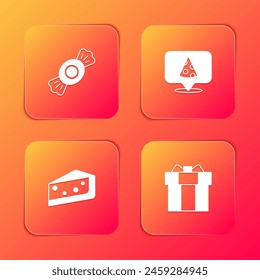 Set Candy, Slice of pizza, Piece cake and Gift box icon. Vector