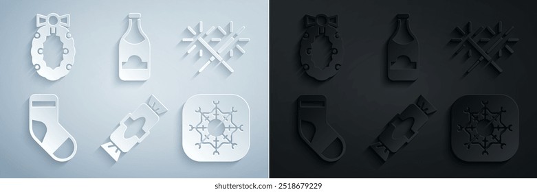 Set Candy, Sparkler firework, Christmas stocking, Snowflake, Champagne bottle and wreath icon. Vector