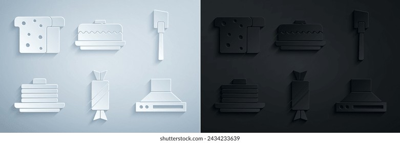 Set Candy, Spatula, Stack of pancakes, Kitchen extractor fan, Cake and Bread toast icon. Vector