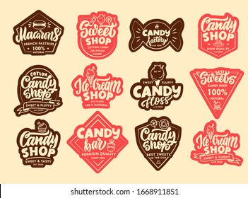 Set of Candy stickers, patches. Colorful badges, emblems, stamps on beige background isolated. Collection of retro sweet logos with hand-drawn text, phrases. Vector illustration