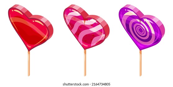 Set of Candy Sugar Heart Lollypops Isometric. Sweet food icon cartoon style