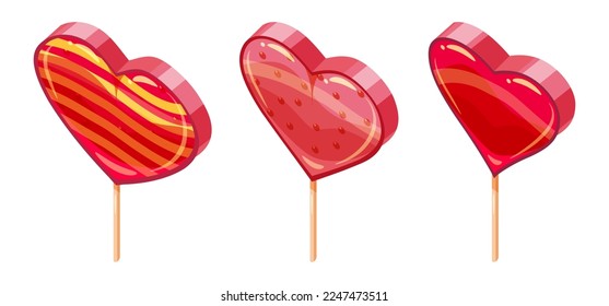 Set of Candy Sugar Heart Lollypops Isometric. Sweet food icon cartoon style