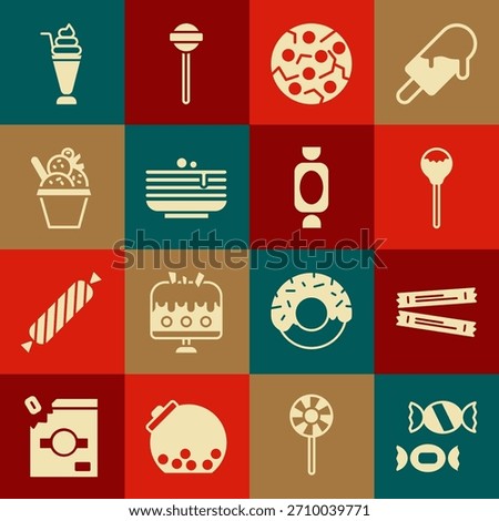 Set Candy, Sugar stick packets, Lollipop, Cookie or biscuit, Stack of pancakes, Ice cream in bowl, Milkshake and  icon. Vector