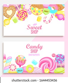 Set of candy and sweet shop banners with many sweets and place for text. Candy,macaroon,bonbon,lollypops,marshmallow,jellybean,candy cane, biscuit. Template for posters, menu,flyers. Vector.