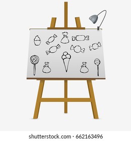 Set of candy, sweets, confections on easel. Vector illustration