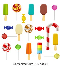 Set of candy, sweets and ice cream. Isolated on white background. Stock vector illustration.