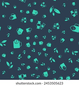 Set Candy, Tea leaf, time and Cup of tea with lemon on seamless pattern. Vector