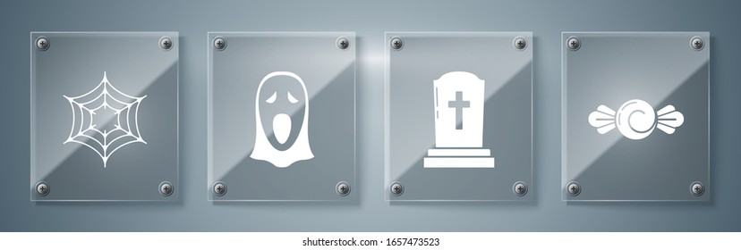 Set Candy , Tombstone with cross , Funny and scary ghost mask for Halloween  and Spider web . Square glass panels. Vector