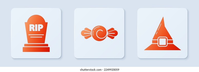 Set Candy , Tombstone with RIP and Witch hat . White square button. Vector