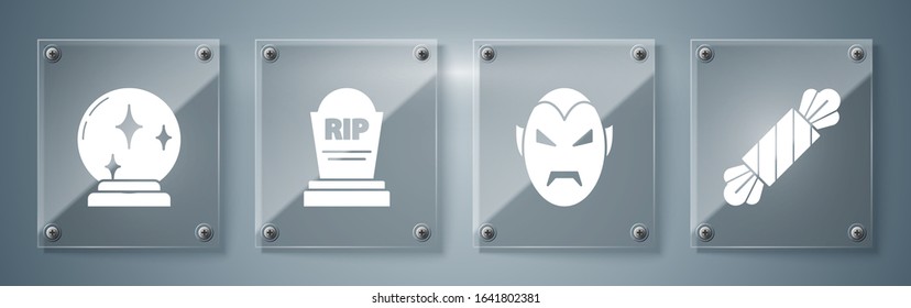 Set Candy , Vampire , Tombstone with RIP and Magic ball . Square glass panels. Vector