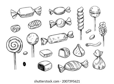 Set of candy, vector doodle illustration. Chocolate candies, lollipops, marshmallow, lozenges, marmalade, dragee, drops. 