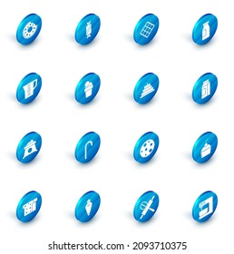 Set Candy, Waffle, Bottle with milk, Measuring cup, Bag of flour, Ice cream, Paper package for and Cake burning candles icon. Vector