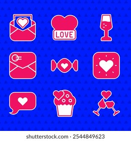 Set Candy, Wedding cake, Glass of champagne, Heart, speech bubble, Envelope with Valentine heart,  and  icon. Vector