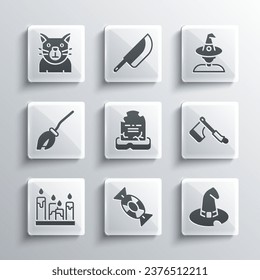 Set Candy, Witch hat, Wooden axe, Tombstone with RIP written, Burning candle, Witches broom, Cat and  icon. Vector