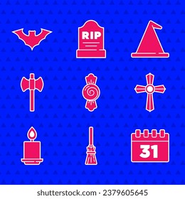 Set Candy, Witches broom, Calendar with Halloween, Tombstone cross, Burning candle, Wooden axe, hat and Flying bat icon. Vector