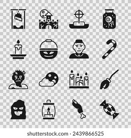 Set Candy, Witches broom, Christmas candy cane, Tombstone with cross, Pumpkin basket for sweets, Burning candle, Guillotine and Priest icon. Vector