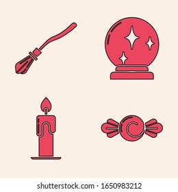 Set Candy , Witches broom , Magic ball  and Burning candle  icon. Vector