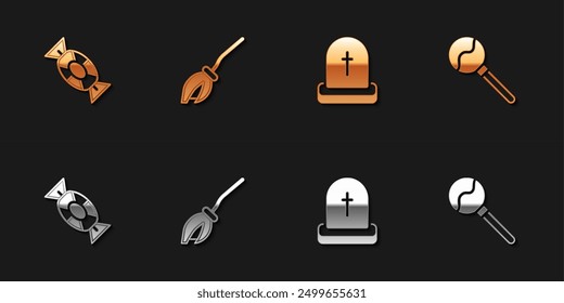 Set Candy, Witches broom, Tombstone with RIP written and Lollipop icon. Vector