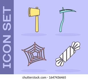 Set Candy , Wooden axe , Spider web  and Scythe  icon. Vector