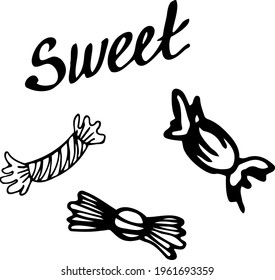 A set of candy wrappers wrapped in candy wrappers. Hand-drawn black and white illustration. Sweetmeat day, pastry shop, candy store.