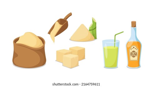Set of Cane Sugar Production and Equipment, Sack, Scoop with Sugar Sand and Cubes, Rum in Bottle and Lemonade in Glass Cup with Straw Isolated on White Background. Cartoon Vector Illustration