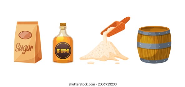 Set of cane sugar. Sugarcane products. Cane sugar lumps and cube, glass bottles of rum, rum alcoholic liquid, package with cube and dry loose delicious carbohydrate cartoon vector