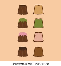 Set of canele with green tea chocolate and strawberry.vector illustration