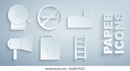 Set Canister for flammable liquids, Building of fire station, Megaphone, Fire escape, No Smoking and Ringing alarm bell icon. Vector