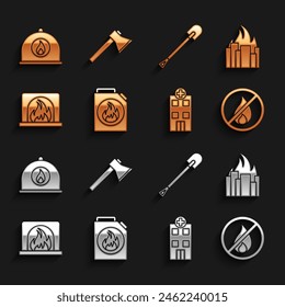 Set Canister for flammable liquids, Fire in burning buildings, No fire, Medical hospital, Interior fireplace, shovel, Firefighter helmet and axe icon. Vector