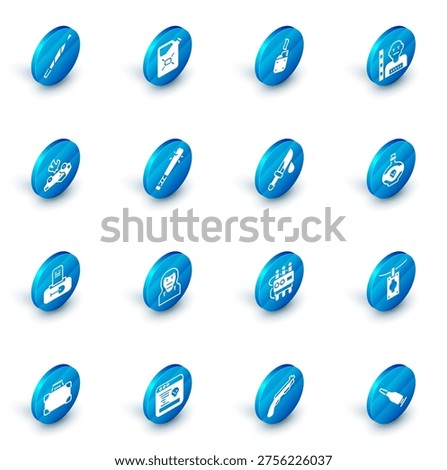 Set Canister fuel, Lighter, Suspect criminal, Burning car, Grave with tombstone, Baseball bat nails, Poison bottle and Bloody knife icon. Vector