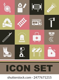 Set Canister fuel, Smoke alarm system, Firefighter axe, hose reel, escape, Campfire,  and truck icon. Vector