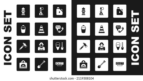 Ponga combustible para cartucho, cono de tráfico, cubo de fuego, hidrante, llamada telefónica 911, incendio de extinción de cubos, pala y icono de hacha para bomberos. Vector