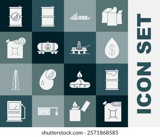 Set Canister for gasoline, Barrel oil leak, Oil drop with dollar, tanker ship, railway cistern, Eco fuel canister, Bio barrel and platform the sea icon. Vector