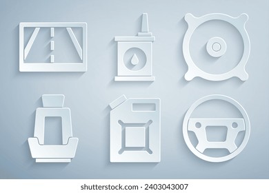 Set Canister for gasoline, Car audio speaker, seat, Steering wheel, motor oil and Gps device with map icon. Vector