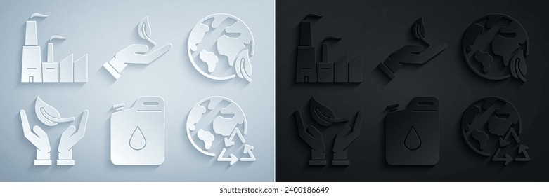 Set Canister for gasoline, Earth globe and leaf, Sprout hand of environmental protection, Planet earth recycling,  and Factory icon. Vector