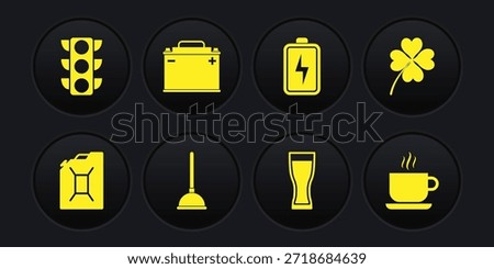 Set Canister for gasoline, Four leaf clover, Rubber plunger, Glass of beer, Battery and Car battery icon. Vector