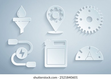 Set Kanister für Benzin, Getriebe, Auto Batterie Jumper Stromkabel, Geschwindigkeitsmesser, Service und Trichter und Öl-Drop-Symbol. Vektorgrafik