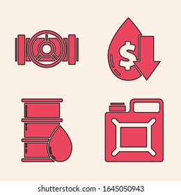 Set Canister for gasoline, Industry metallic pipes and valve, Drop in crude oil price and Barrel oil icon. Vector